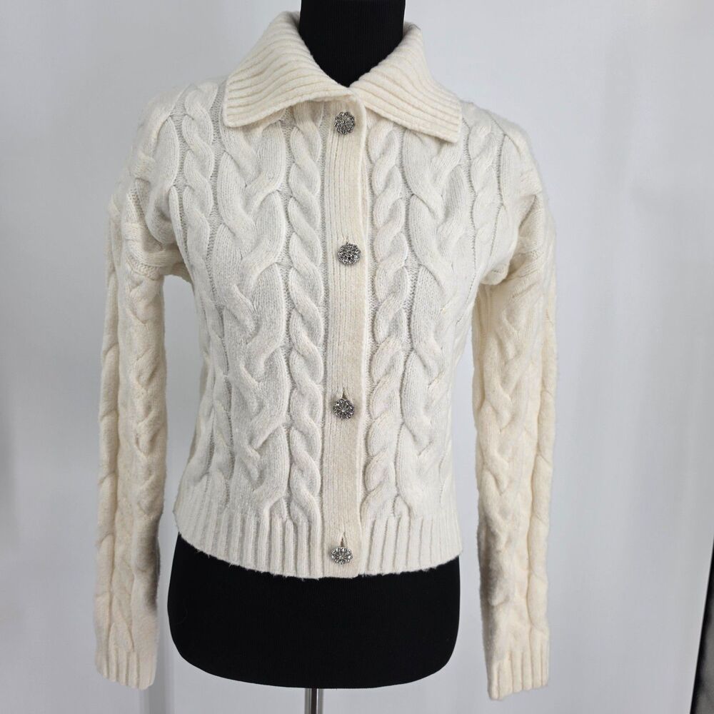 Jessica Simpson Women S Ivory Cable-Knit Cardigan Rhinestone Buttons Ribbed Trim